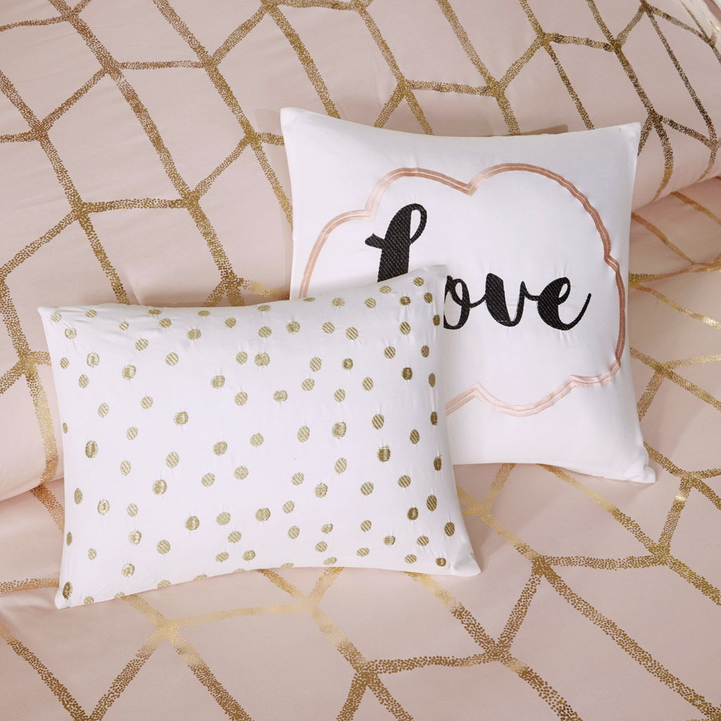 Raina - Twin Metallic Printed Comforter Set - Blush / Gold