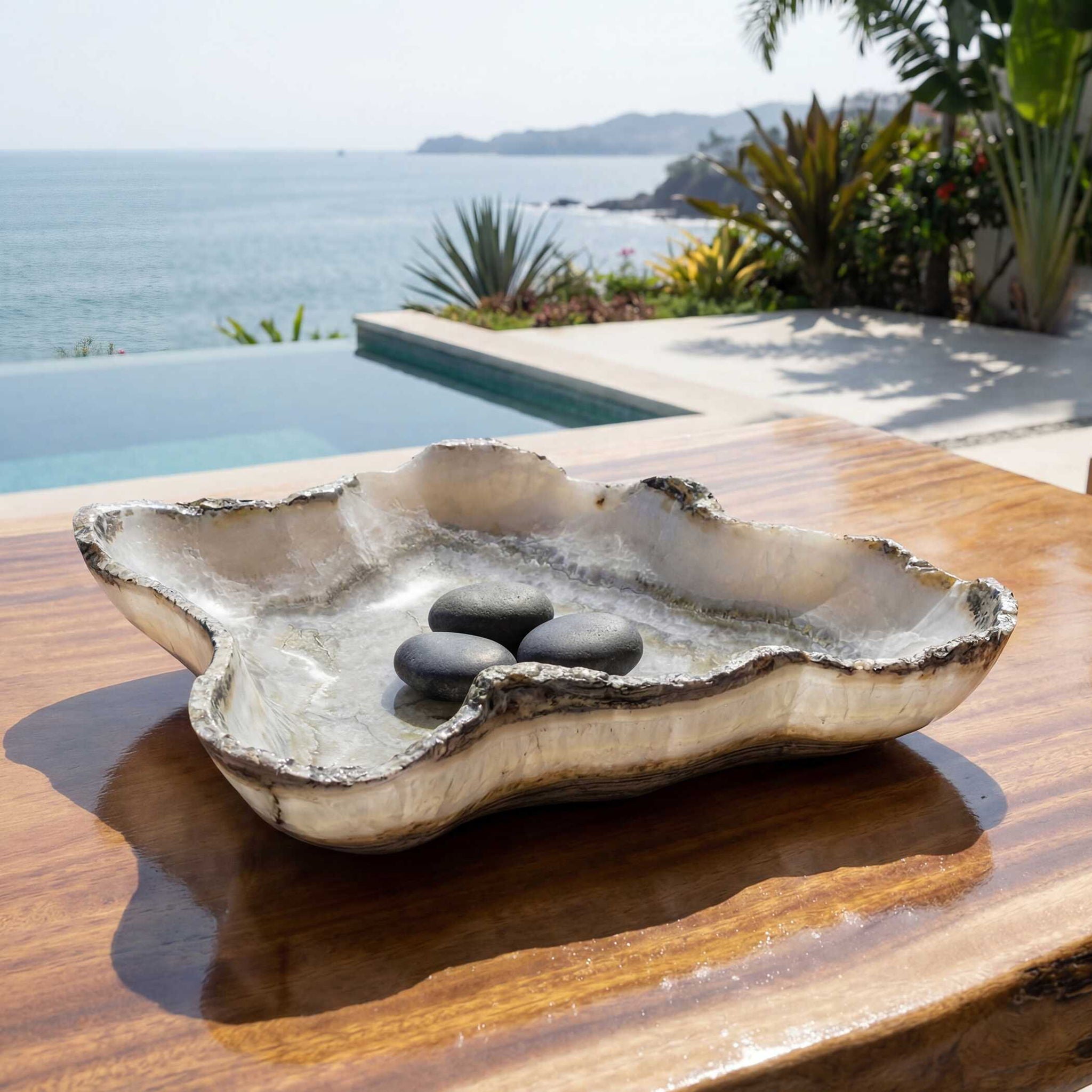 Lunara - Indoor-Outdoor Stone Bowl - Gray / White