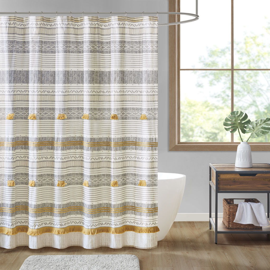 Cody - Cotton Stripe Printed Shower Curtain With Tassel - Gray / Yellow