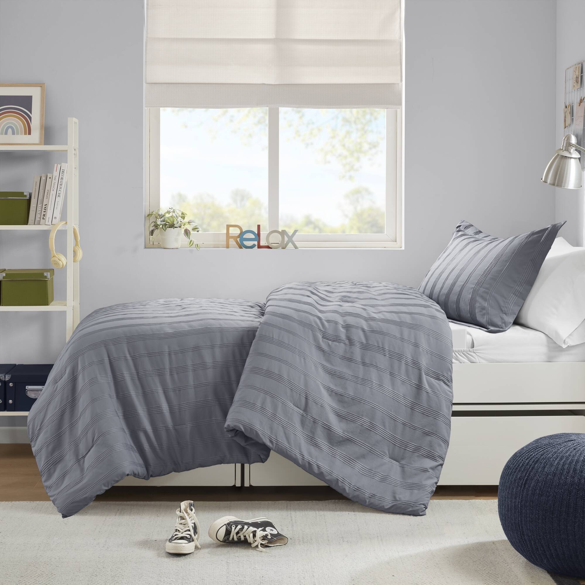 Logan - Twin/Twin Long Striped Duvet Set - Blue/Gray