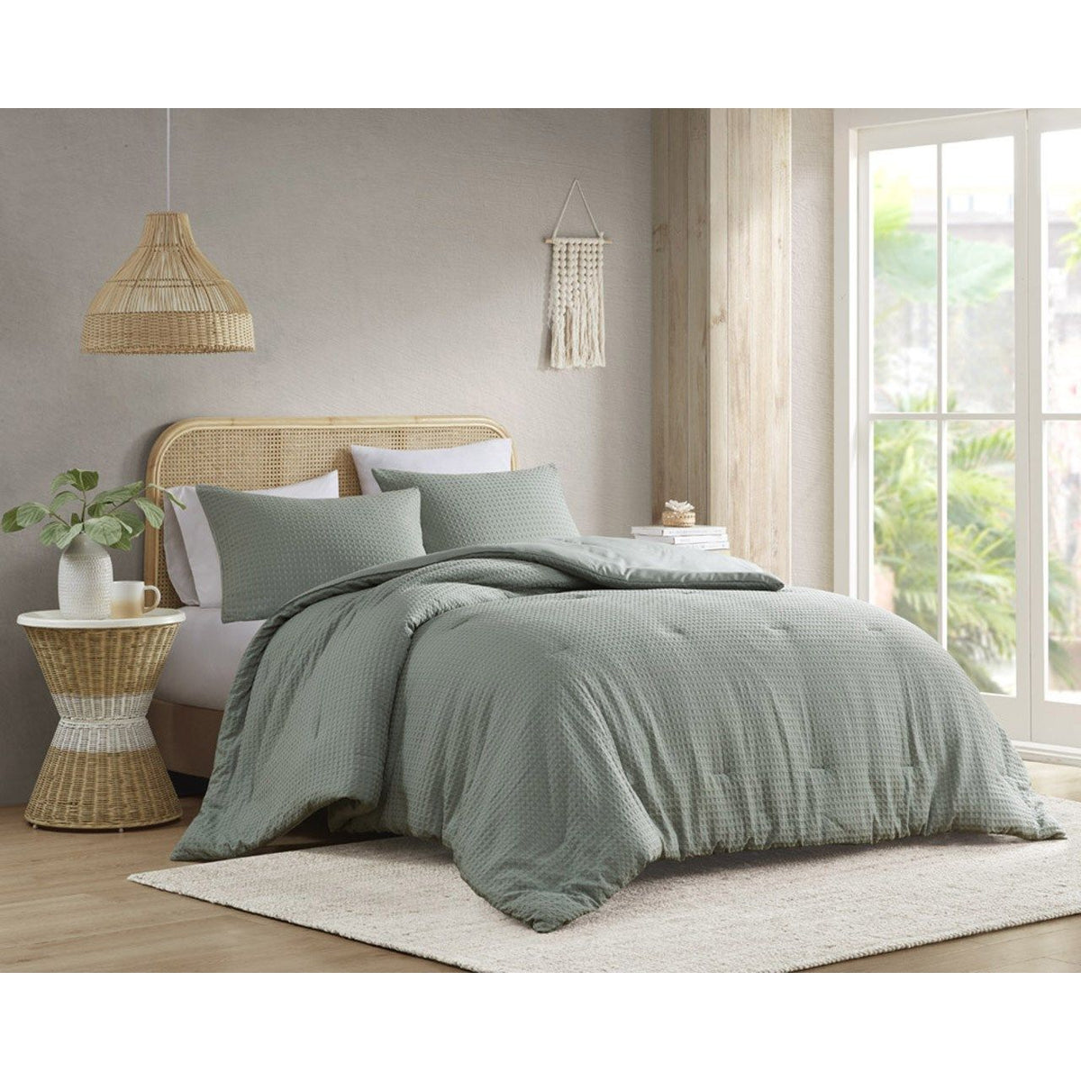 Mina - Twin/Twin Long Waffle Weave Textured Comforter Set - Sage Green