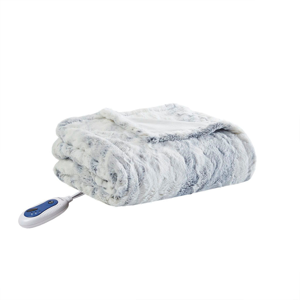 Zuri - Oversized Faux Fur Heated Throw - Gray / Blue