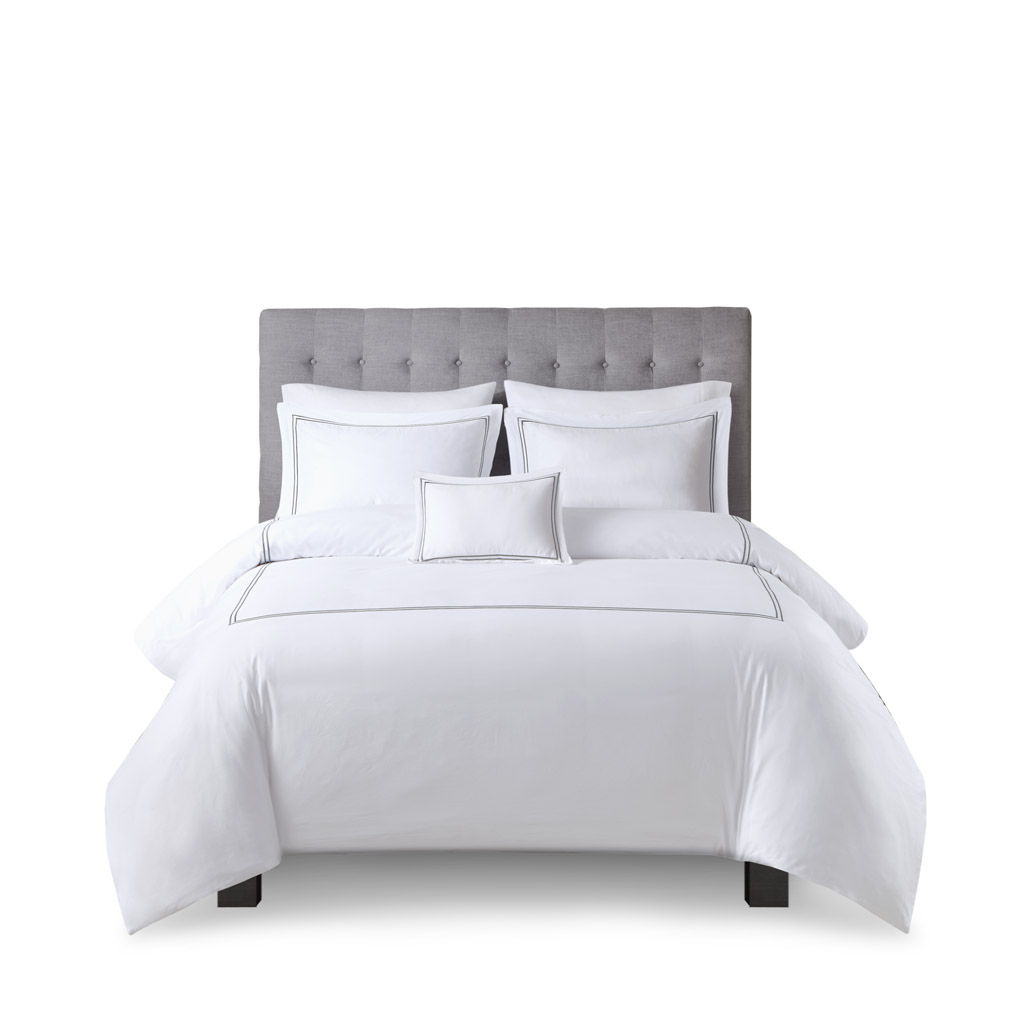 500 Thread Count Luxury - Full Sateen Embroidered Duvet Cover Set - White / Gray