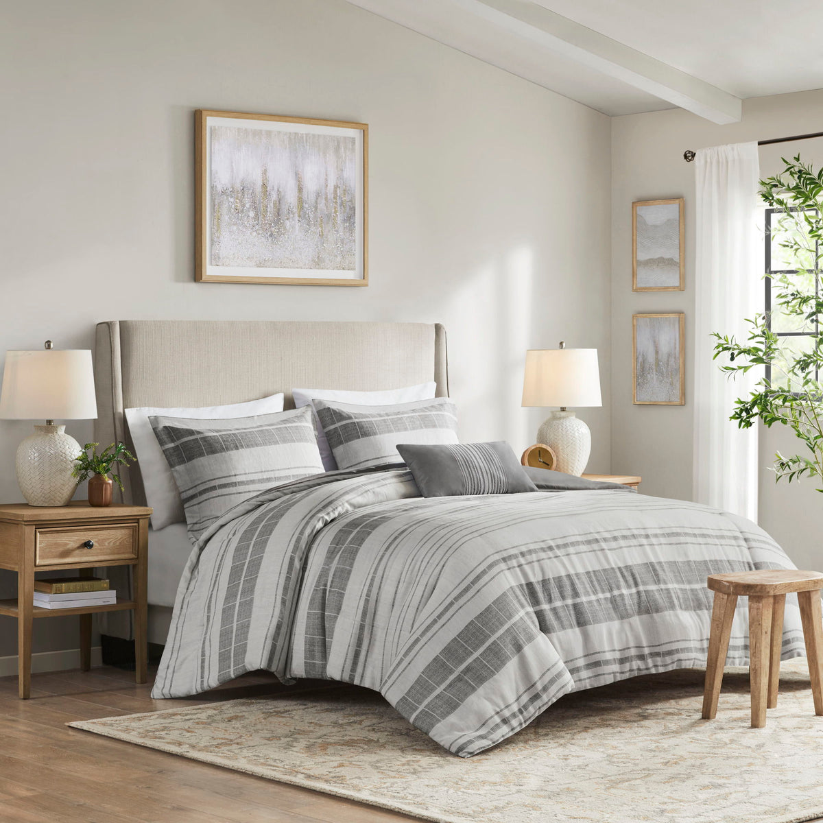 Rhodes - 4 Piece Stripe Comforter Set With Throw Pillow - Gray / Multi