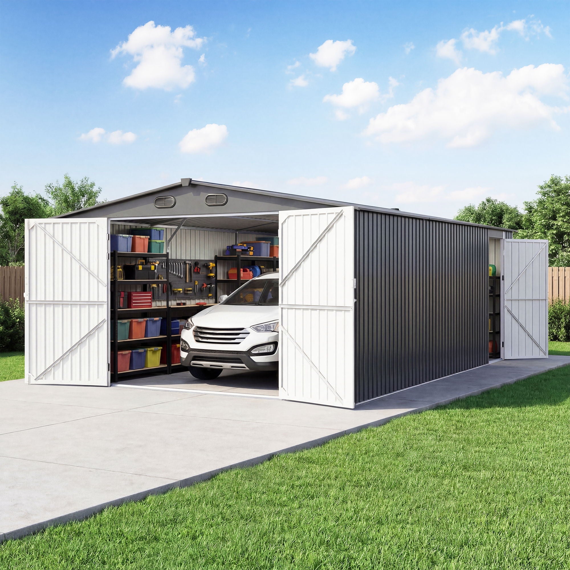 Industrial - 20' x 13' Heavy Duty Metal Garage Shed - Dark Gray
