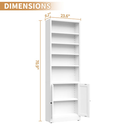 Bookcase Tall 5-Tier Adjustable Storage Shelf With Door Deep - White
