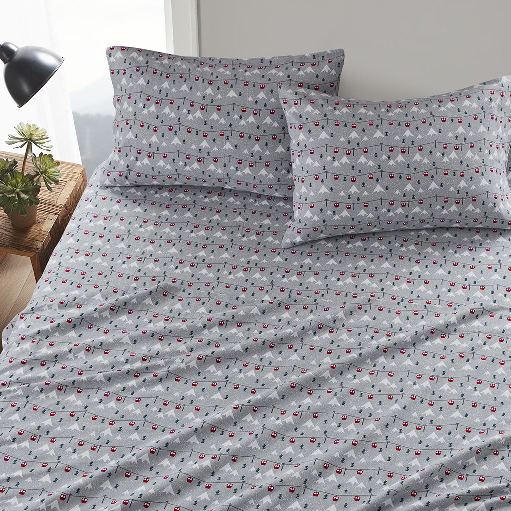 Flannel - 3 Piece Twin Sheet Set - Gray Ski Jump