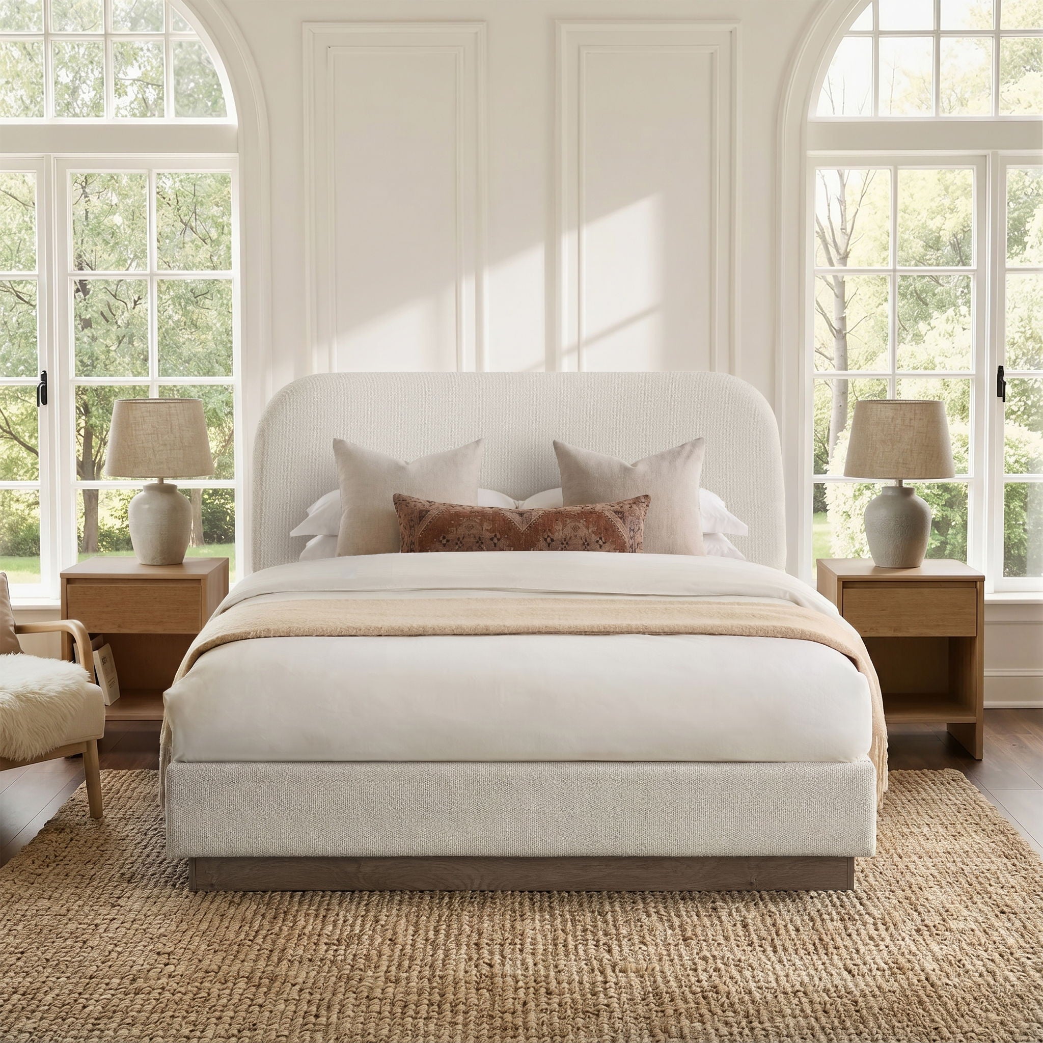 Linton - Queen Size Upholstered Platform Bed - Cream White / Light Grey / Camel Oak