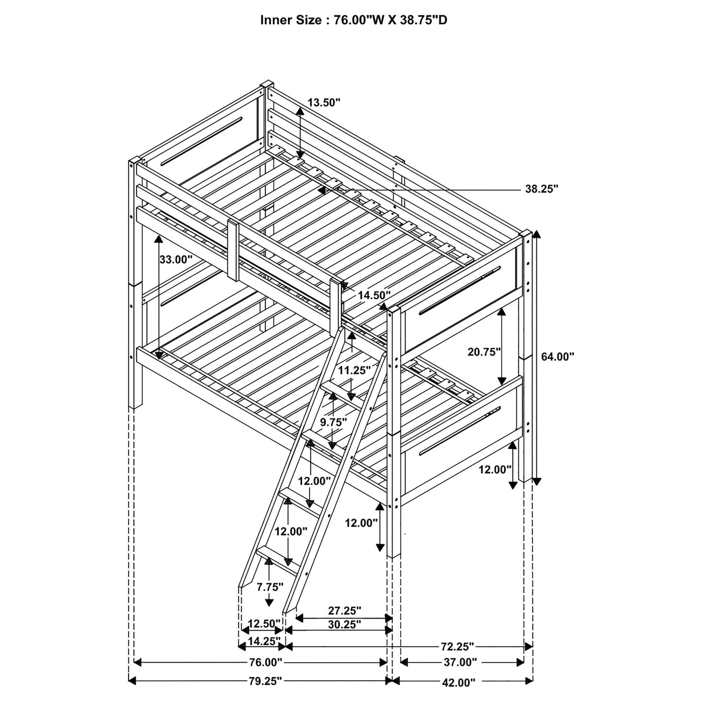 Bunk Bed With Built In Ladder, Safety Guardrails And Angled Access Step