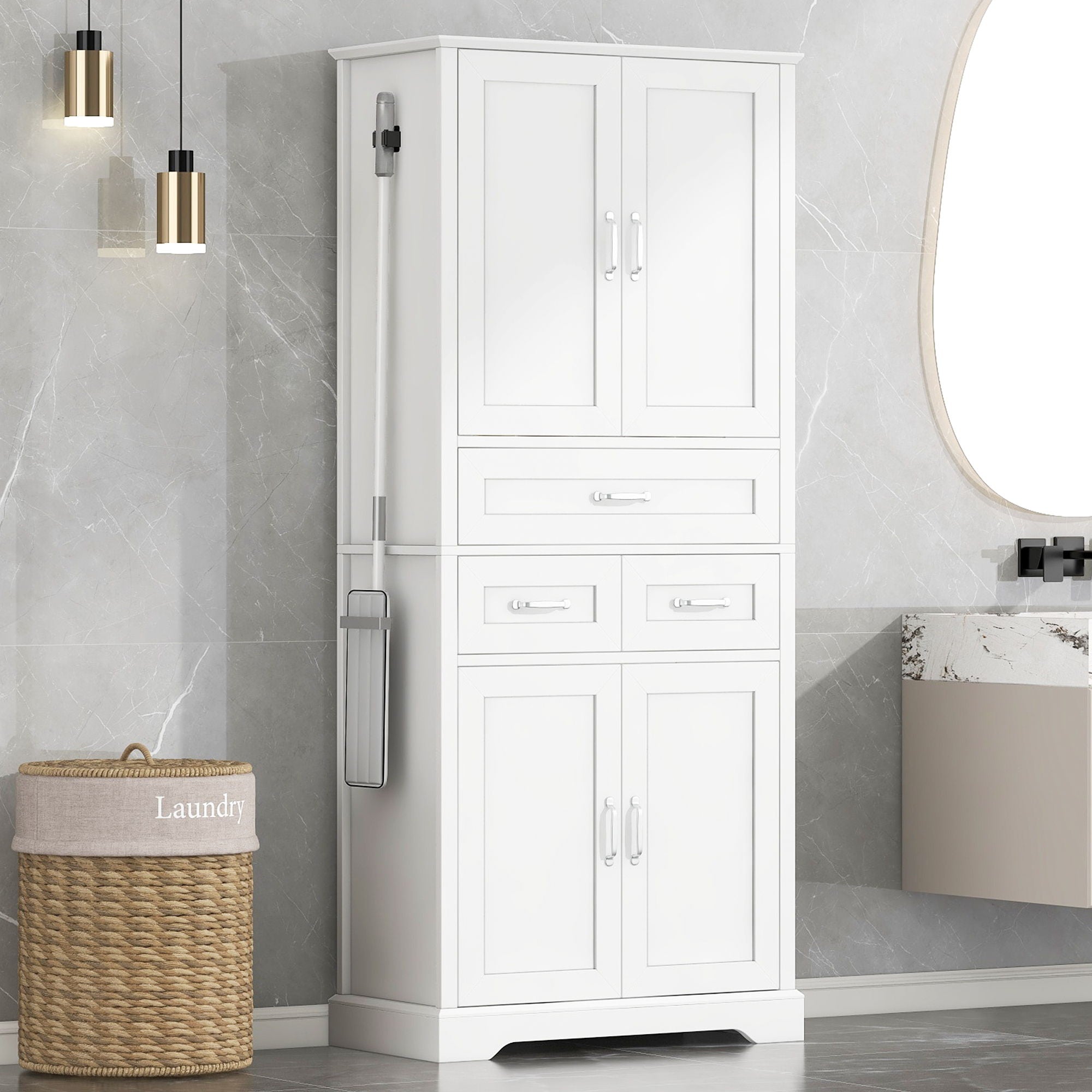 Tall Bathroom Storage Cabinet With 4 Doors 3 Drawers Adjustable Shelves - White