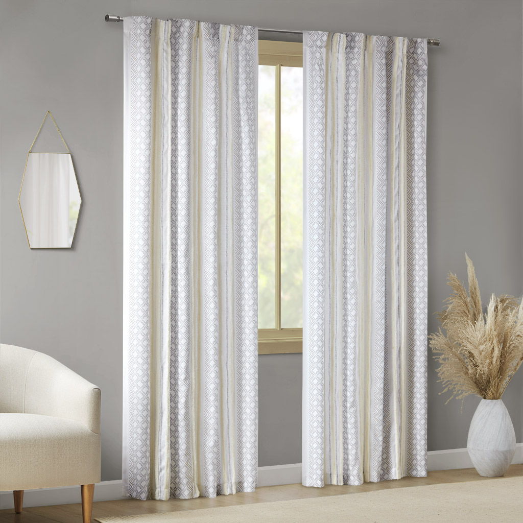 Ebby - 50x95" Poly Printed Curtain Panel With Tufted Stripe (Set of 2) - White / Taupe