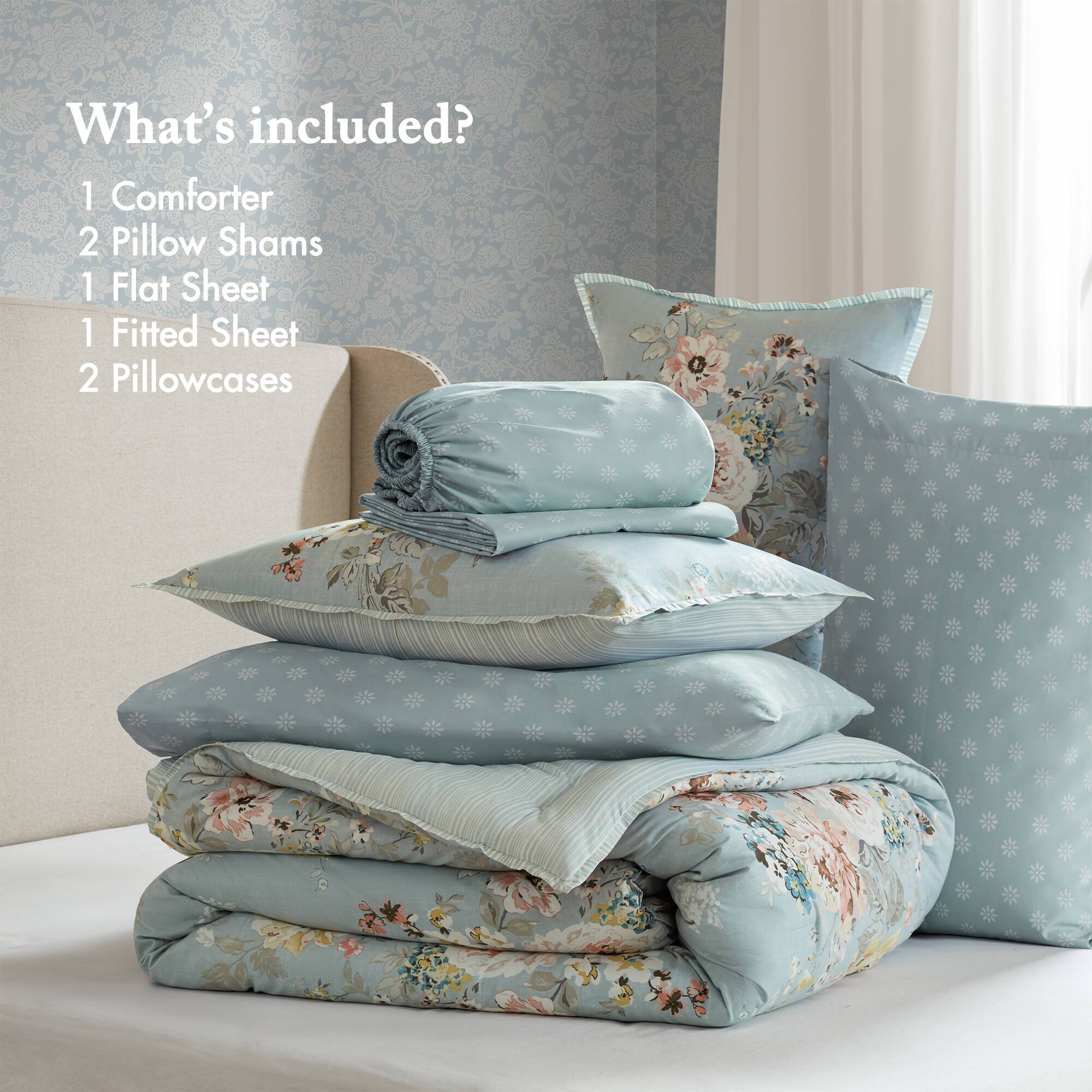 Heather - California King 7 Piece Vintage-Inspired Floral Print - Soft Blue