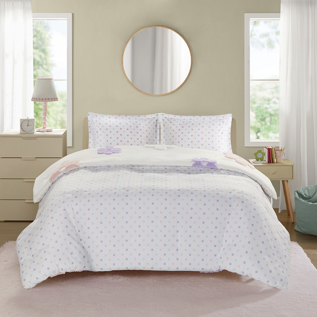 Gracie - Floral Reversible Tufted Chenille Twin Duvet Cover Set - White / Purple