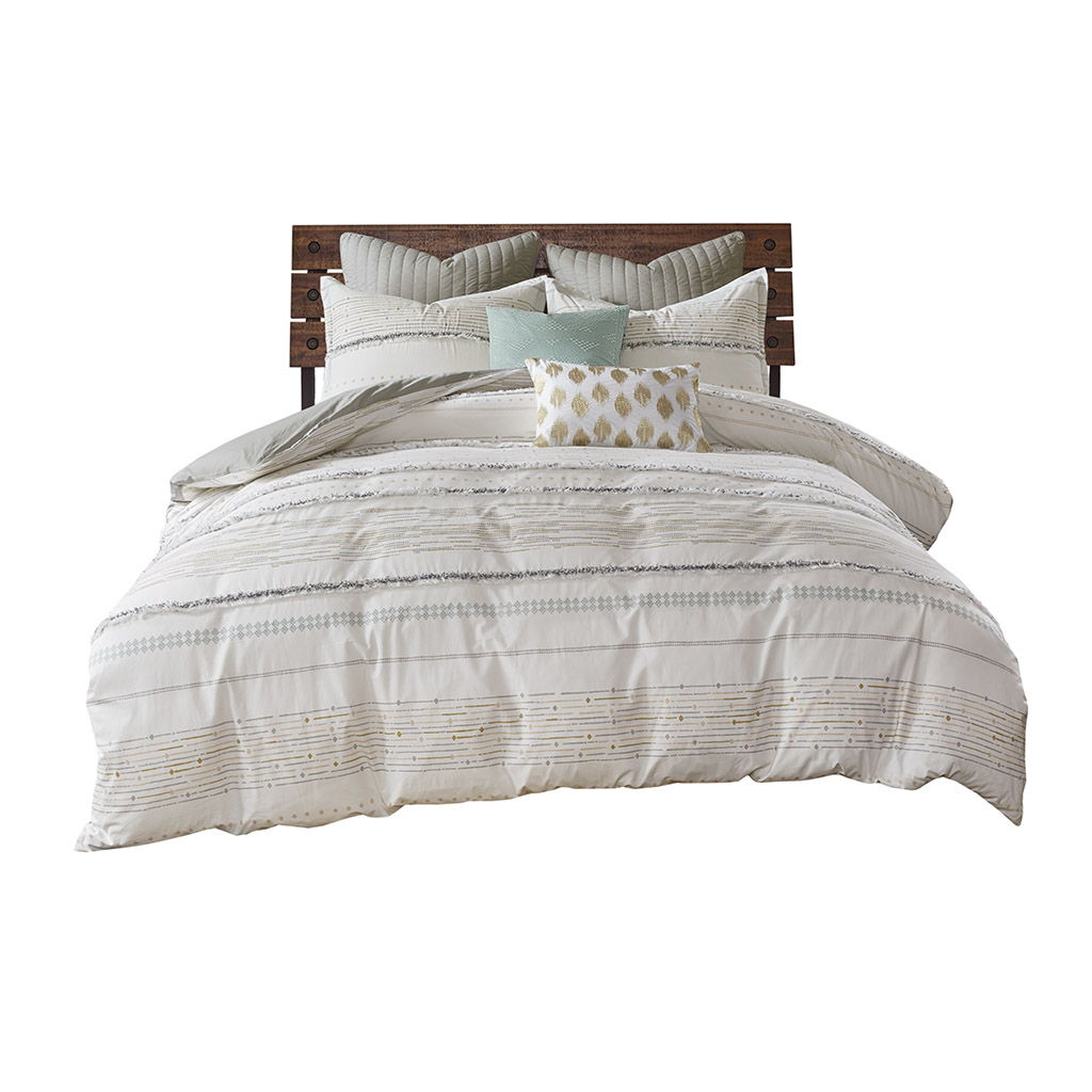 Nea - Printed Comforter Set With Trims - Off White / Gray