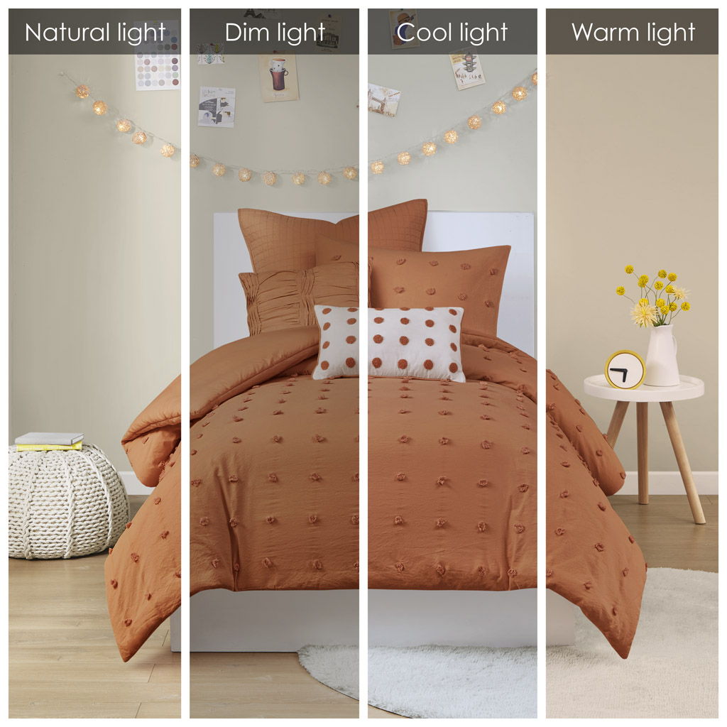 Brooklyn - Cotton Jacquard Twin Duvet Cover Set With Euro Shams and Throw Pillows - Rust