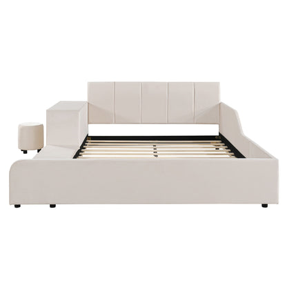 Upholstered Grounded Bed, With Bedside Desk And Little Round Stool