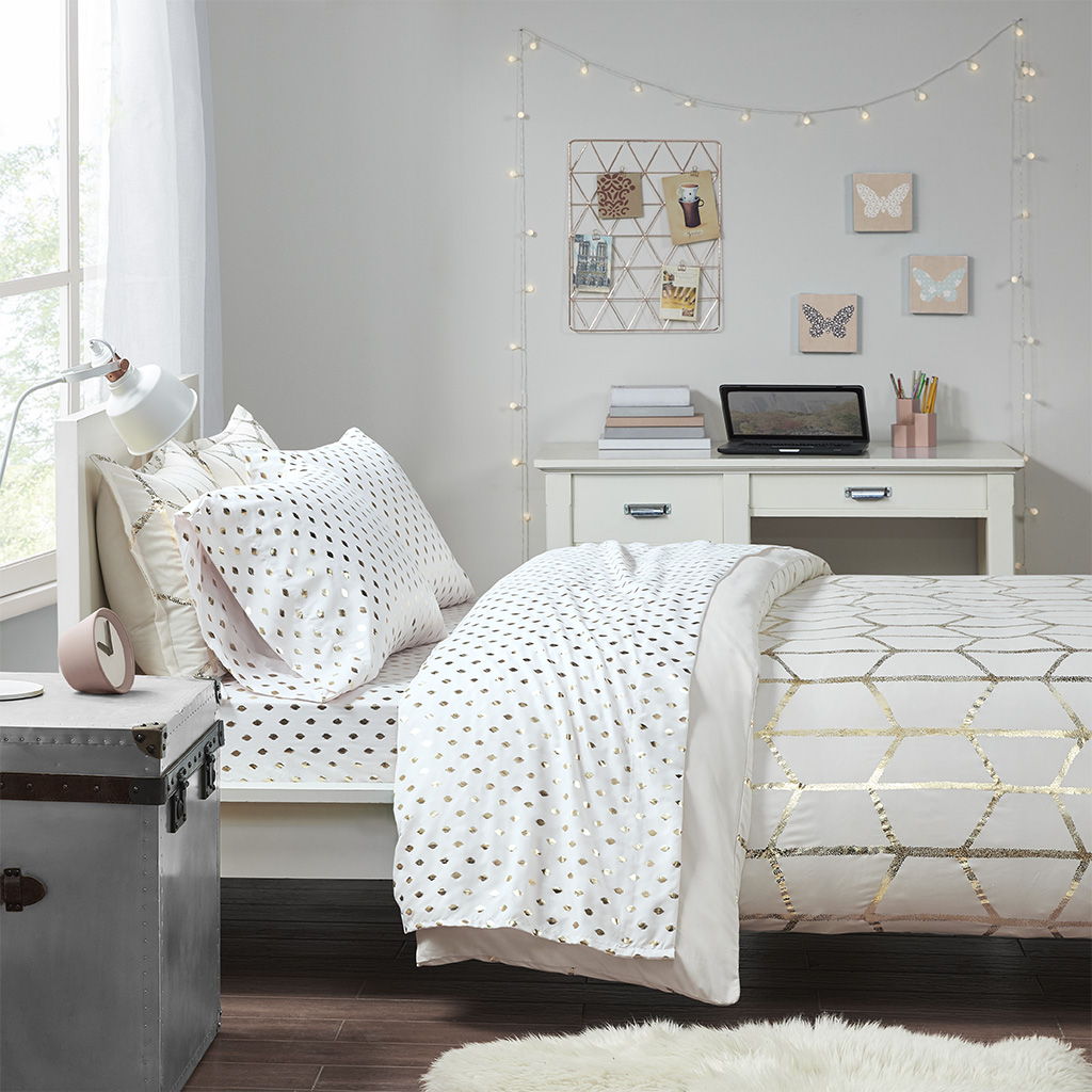 Metallic Dot - Twin Printed Sheet Set - White / Gold