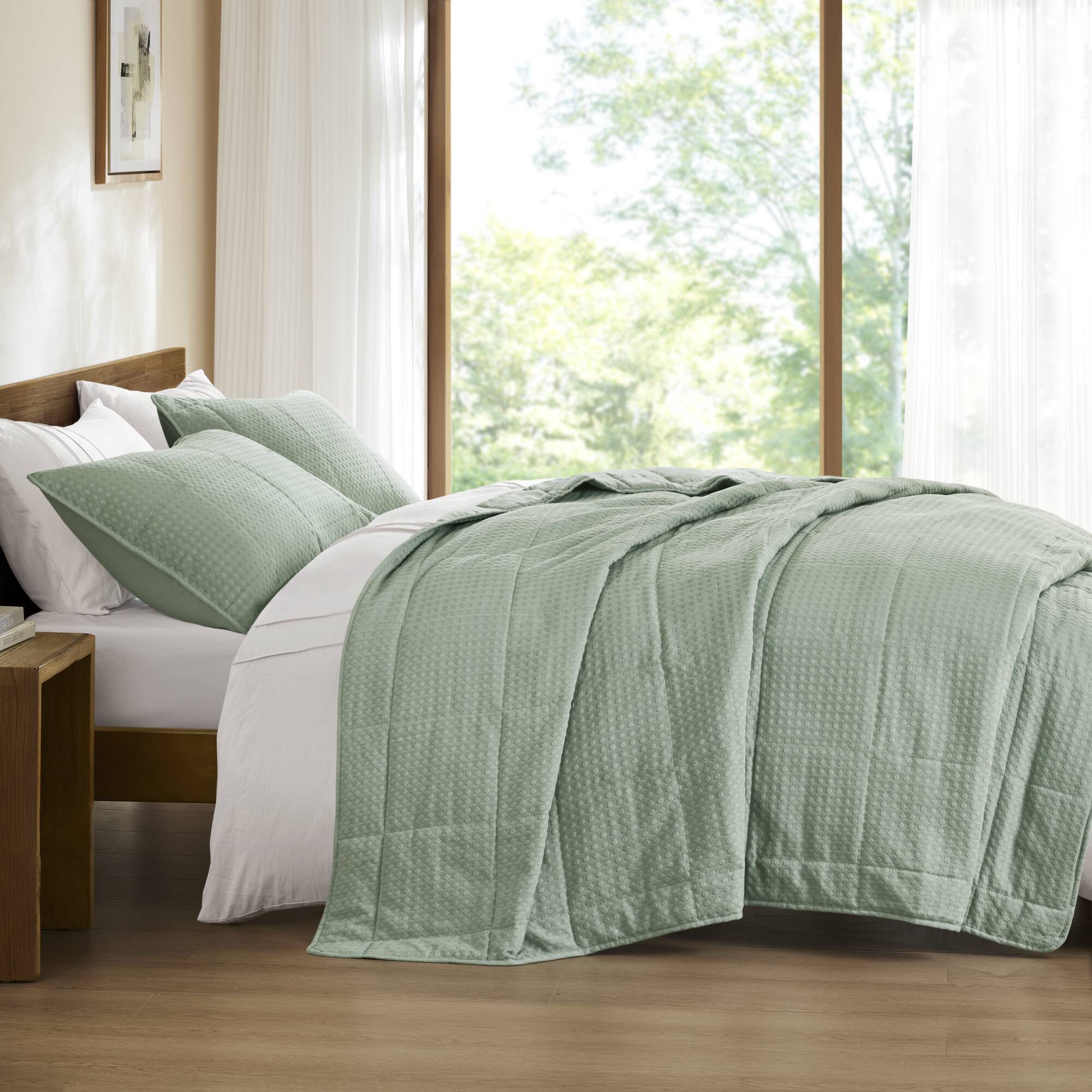 Mina - Full/Queen Waffle Weave Textured Quilt Set - Green