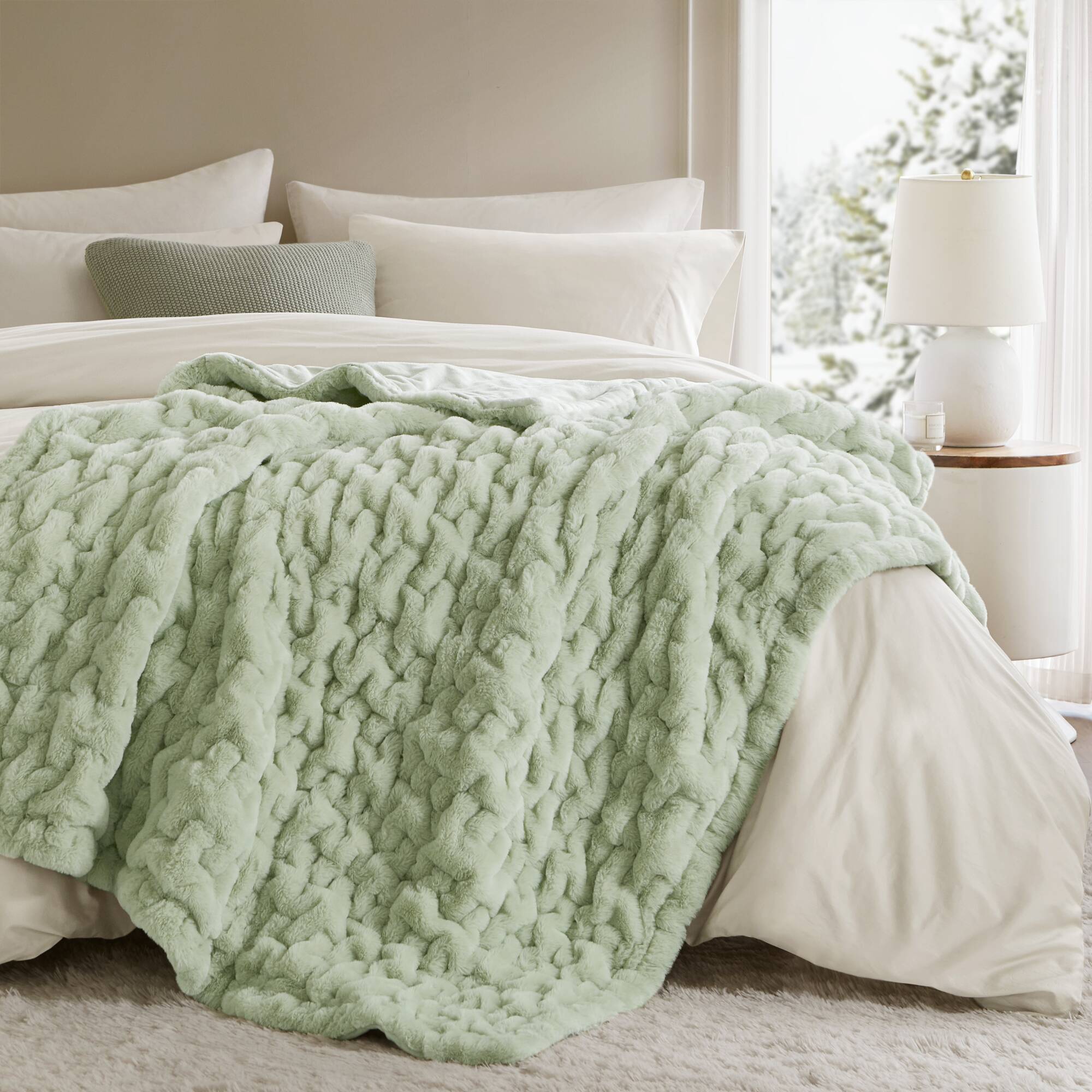 Ruched Fur - Throw - Sage Green