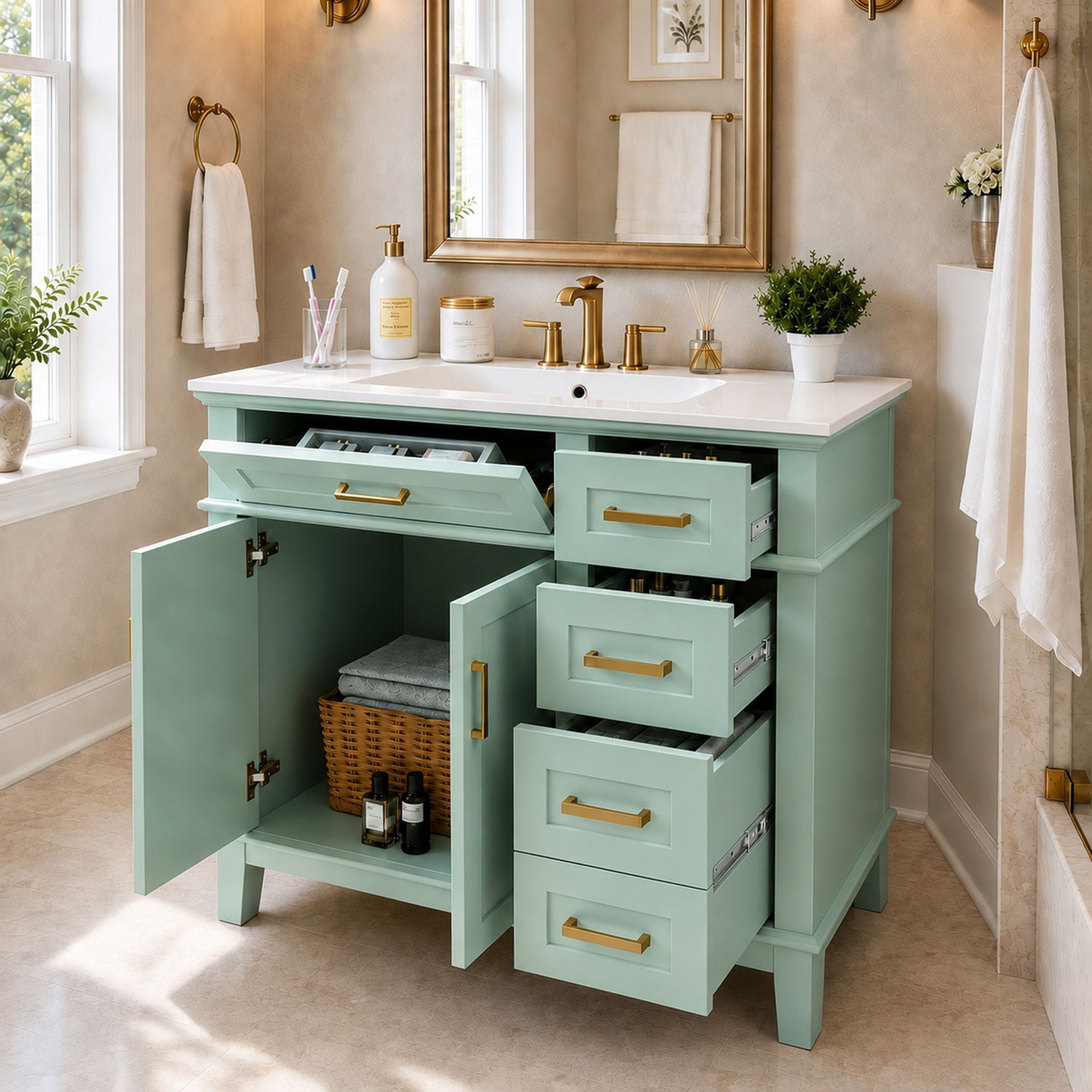 Modern Bathroom Vanity With Sink, Soft Close Doors, 4 Storage Drawers