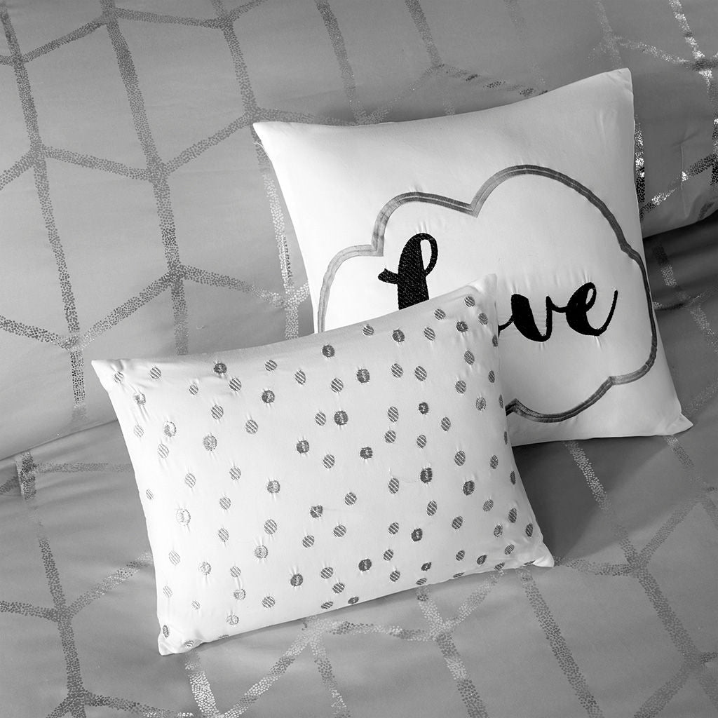 Raina - King Metallic Printed Comforter Set - Gray / Silver