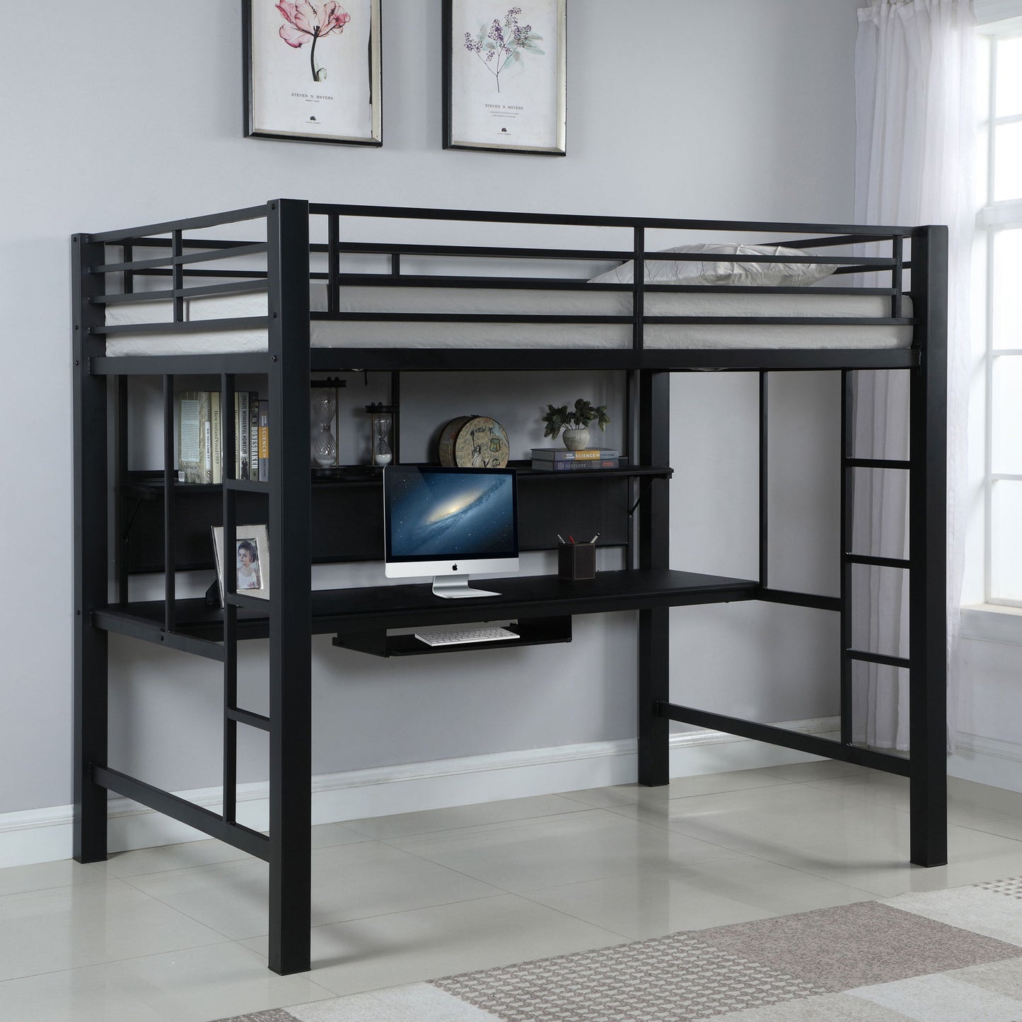 Ranier - Full Workstation Loft Bed, Full Length Desk, Safety Rails And Storage Shelves - Black