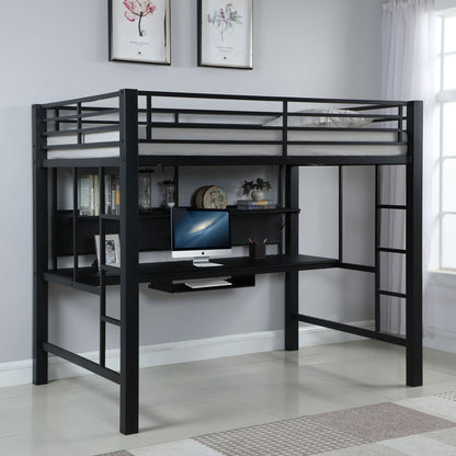 Ranier - Full Workstation Loft Bed, Full Length Desk, Safety Rails And Storage Shelves - Black