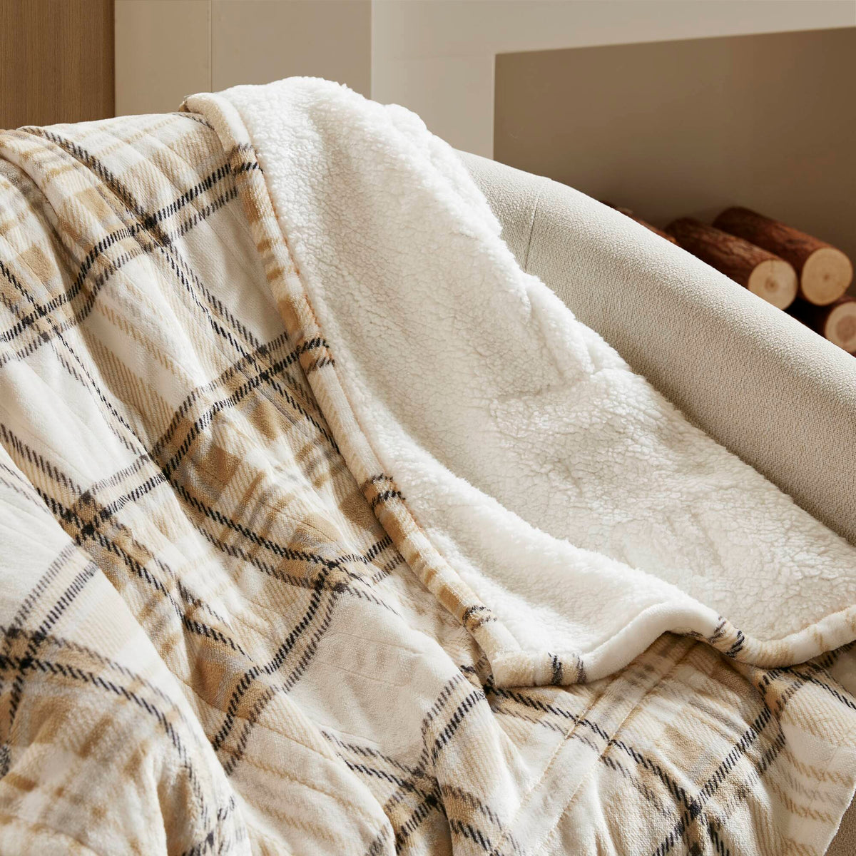 Print Plush To Sherpa - 50X60" Heated Throw - Tan Plaid