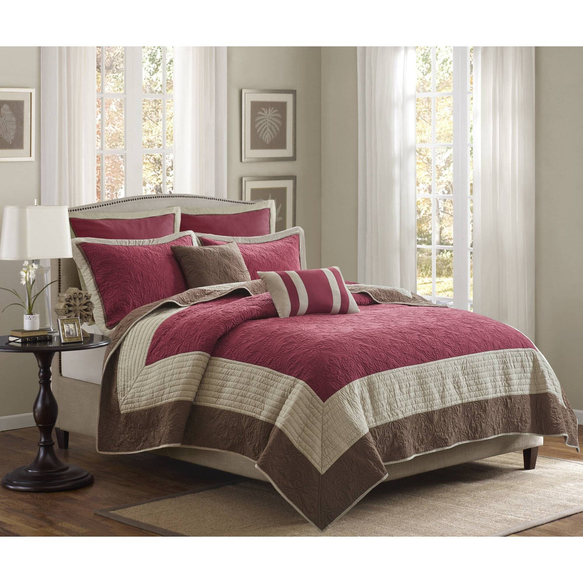 Attingham - Full/Queen 7 Piece Quilt Set With Euro Shams And Throw Pillows - Red