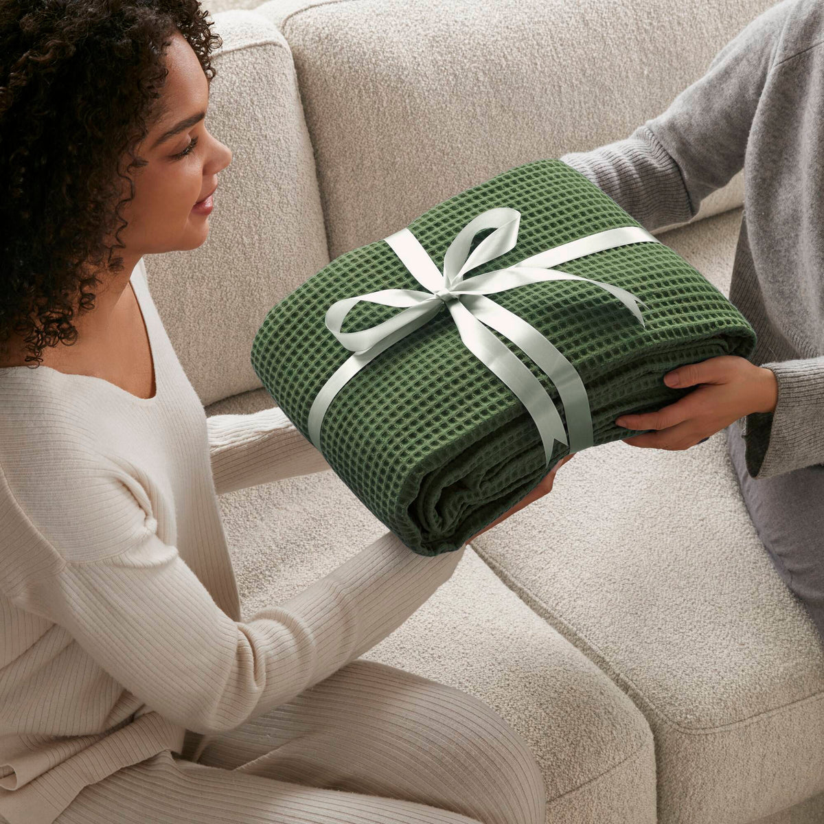 Waffle Weave - Full/Queen Cotton Blanket - Olive Green