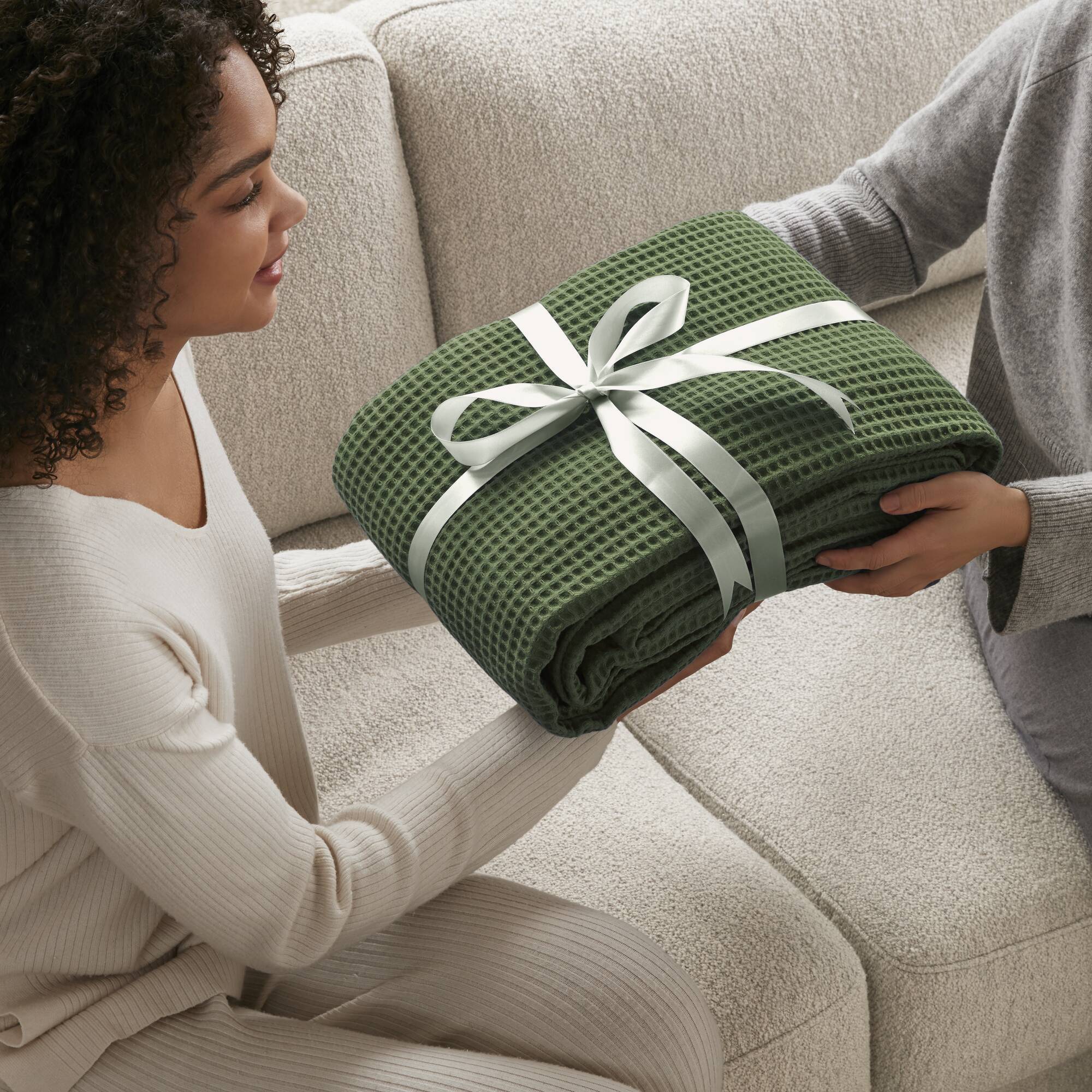 Waffle Weave - Twin Cotton Blanket - Olive Green