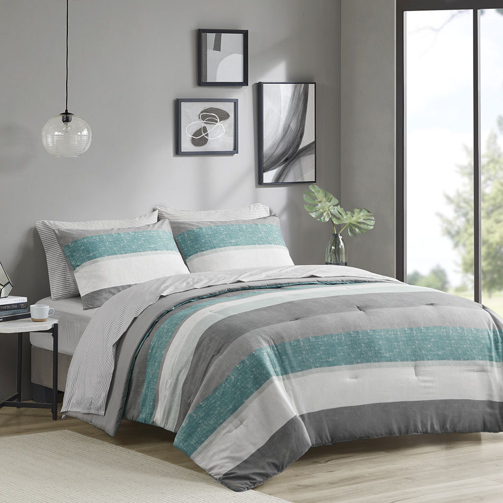 Jaxon - Stripe Comforter Set With Bed Sheets - Aqua / Gray