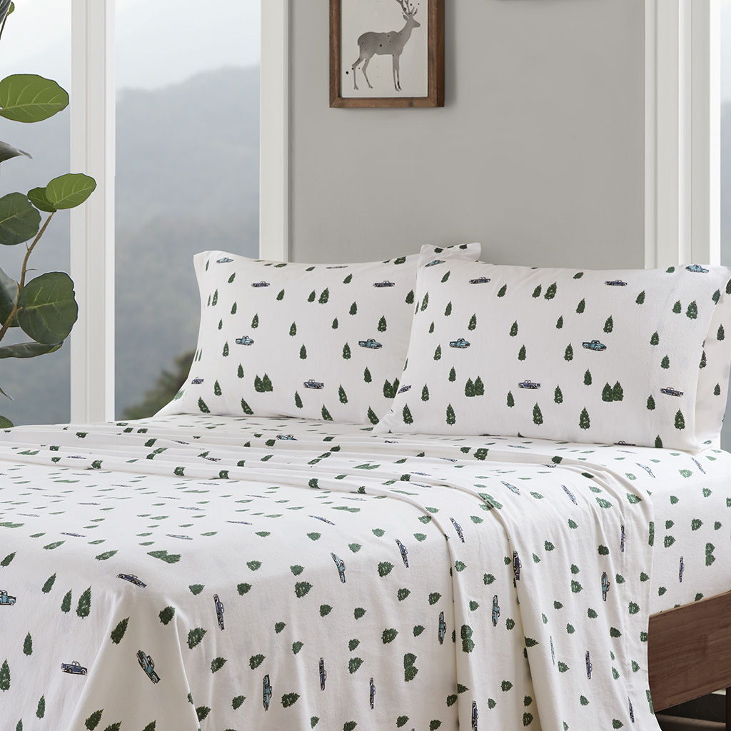Flannel - 4 Piece California King Sheet Set - Green Trees & Trucks