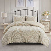 Viola - King 3 Piece Tufted Damask Comforter Set - Taupe