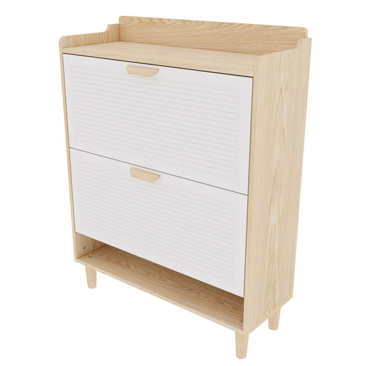 Shoe Storage Cabinet With 2 Flip Drawers, Compact Entryway Organizer - Natural / White