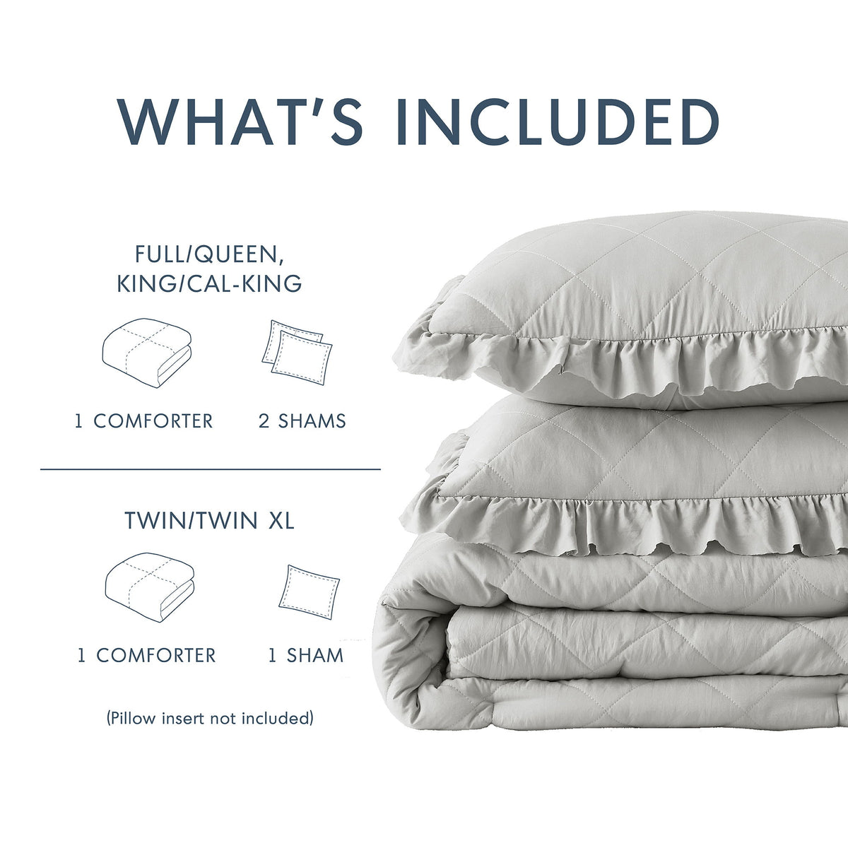 Phoebe - Full/Queen Diamond Quilted Ruffle Edge Comforter Set - Gray