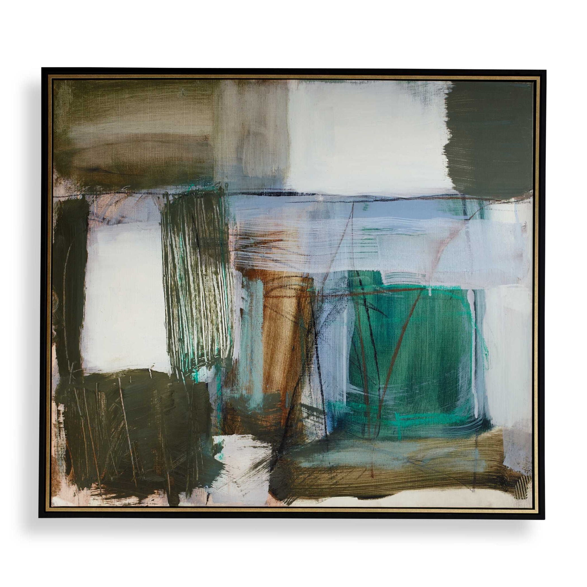 Green Fields - Framed Abstract Canvas - Black / Blue / Green / Orange / White / Yellow
