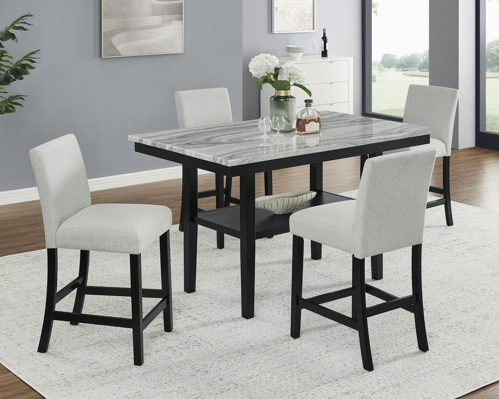 Marbel - 5 Piece Faux Marble Counter Height Set - Dove / Black