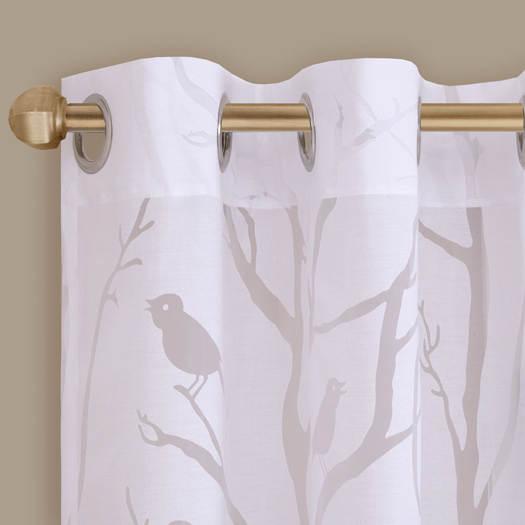 Averil - 84" Grommet Top Sheer Bird On Branches Burnout Window Curtain - White
