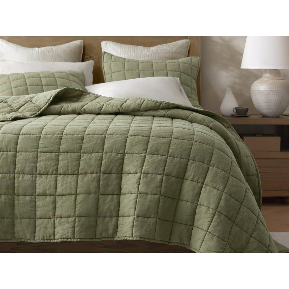 French Flax - King/California King Linen Garment Washed Quilt Set - Olive Green