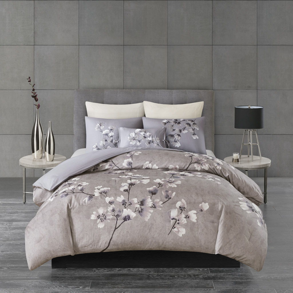 Sakura Blossom - King 3 Piece Sateen Printed Comforter Set - Lilac