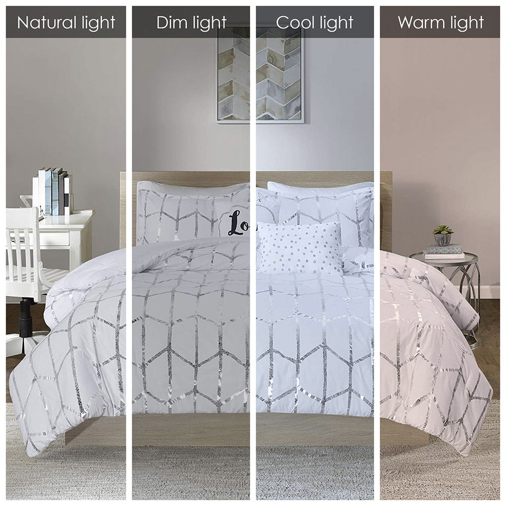 Raina - Metallic Printed Comforter Set - White / Silver