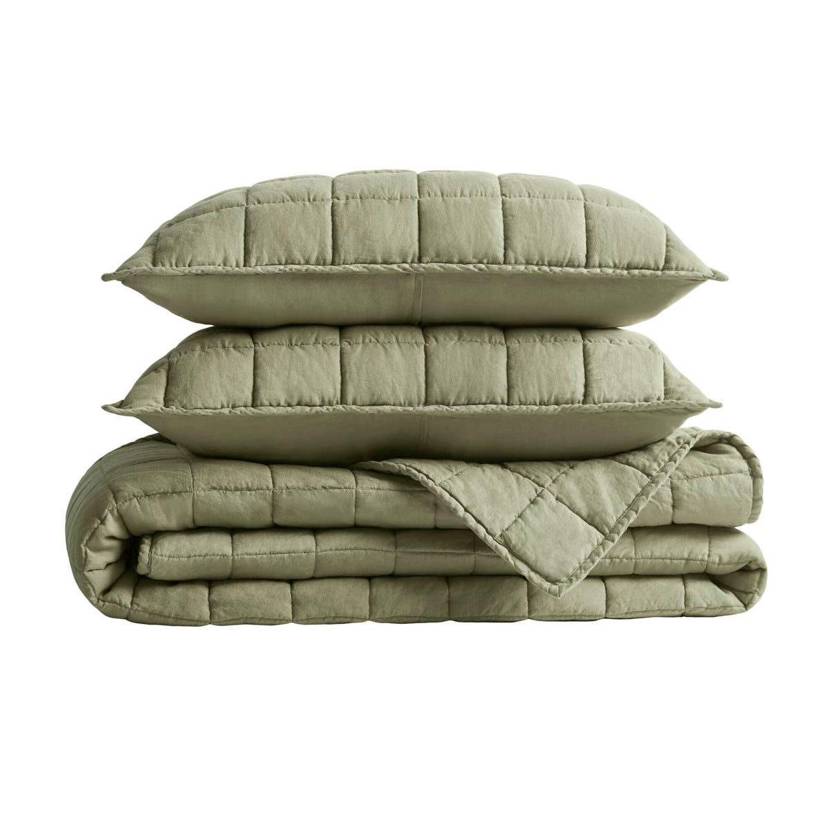 French Flax - King/California King Linen Garment Washed Quilt Set - Olive Green