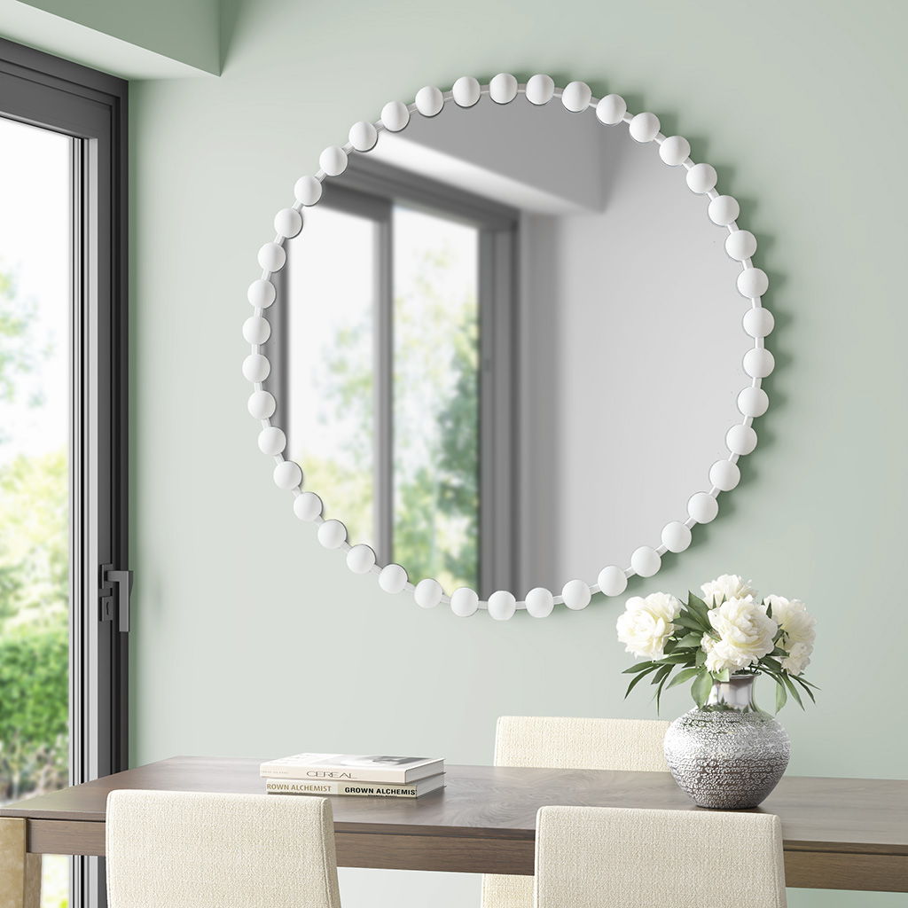 Marlowe - Big Beaded Round Wall Mirror - White