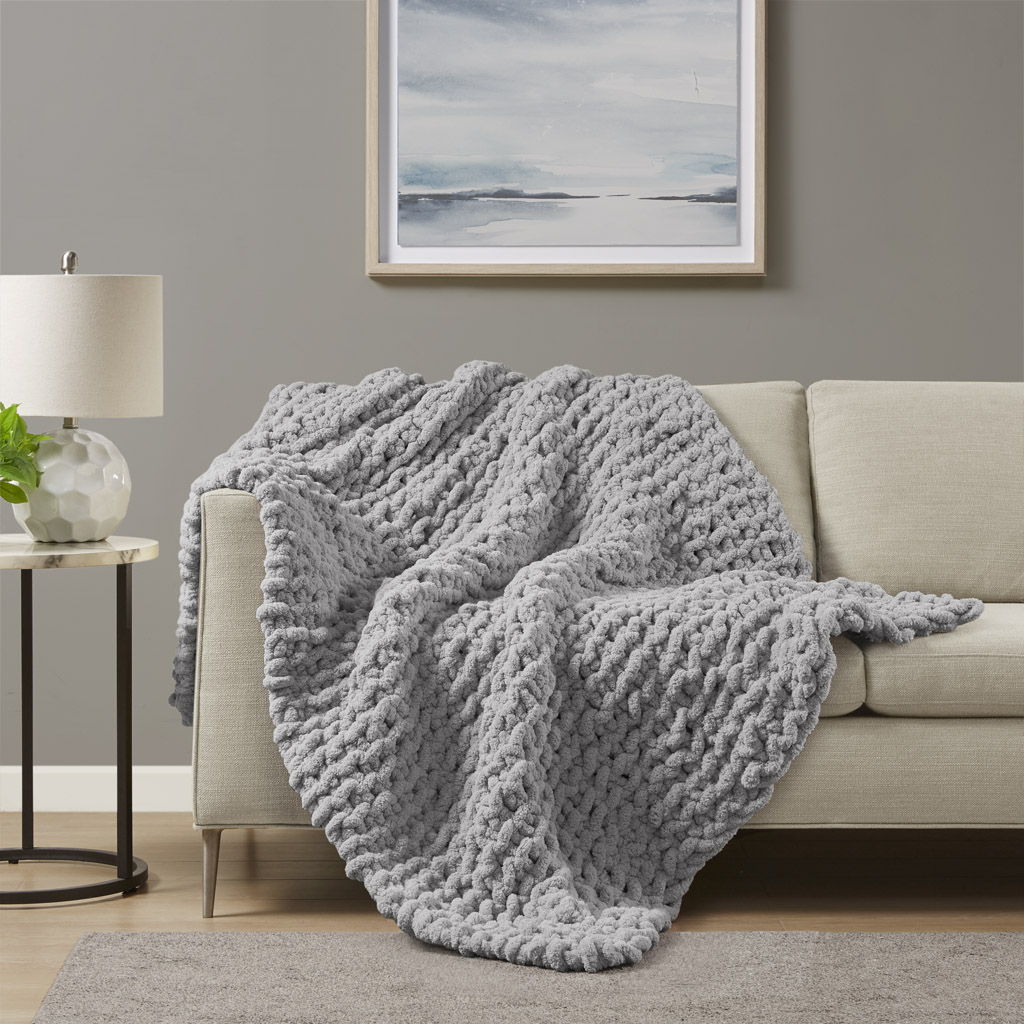 Chenille Chunky Knit - Throw - Gray