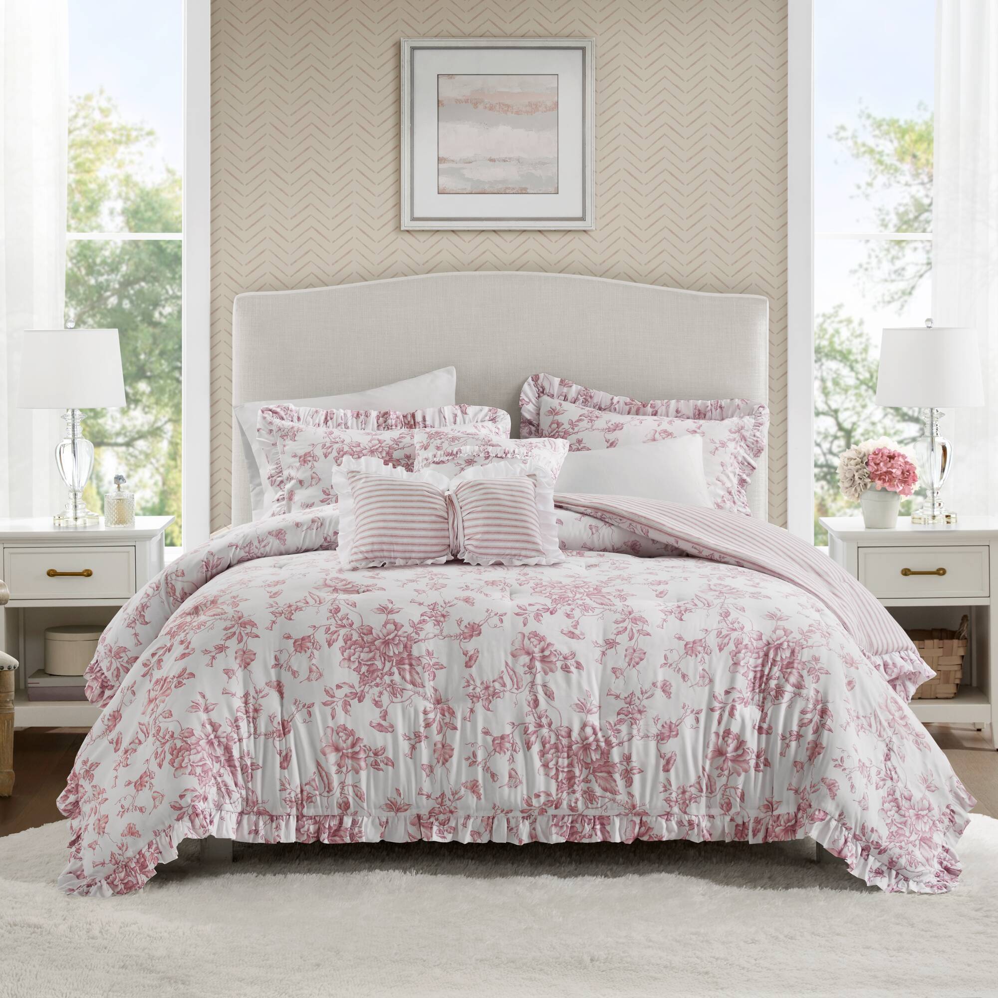Adele - King 5 Pieces Comforter Set With Decorative Pillows - Pink