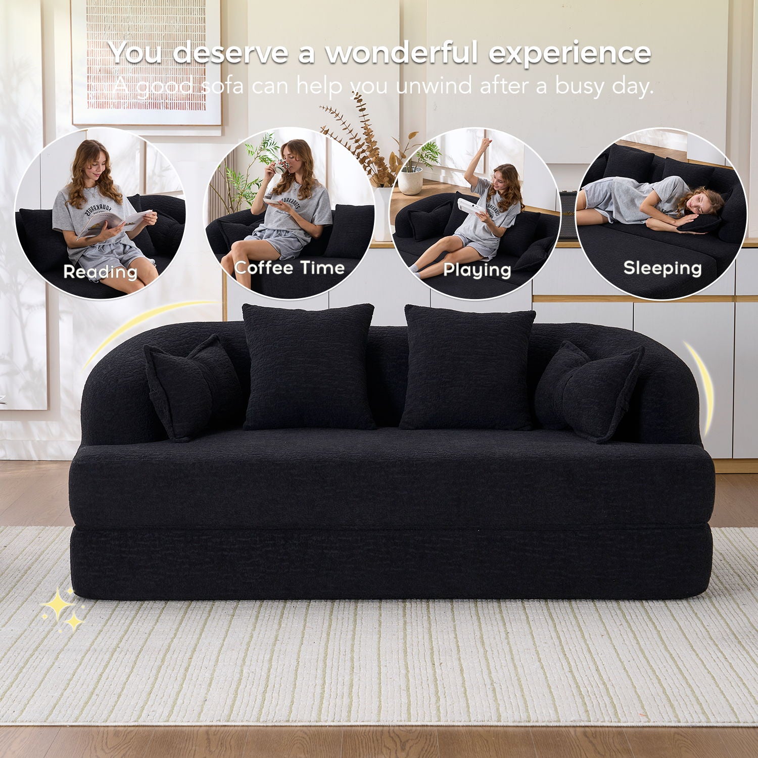 Foldable Sofa Bed, Boneless Couch Convertible Sleeper With 4 Pillows