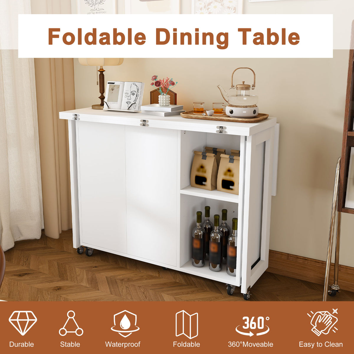 3 In 1 Foldable Side Table With 4 Storage Shelves
