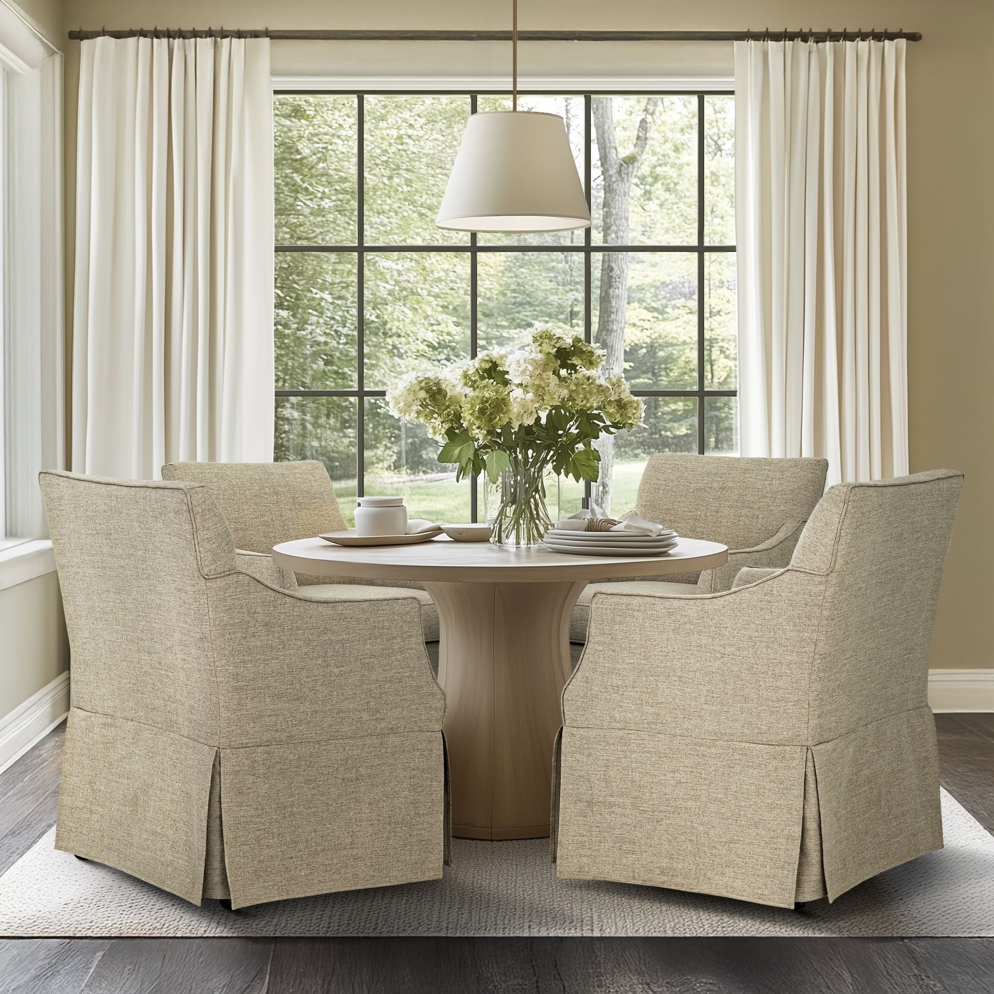 London - Upholstered Skirted Dining Arm Chair With Hidden Casters - Beige