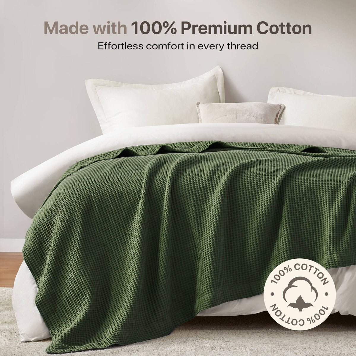 Waffle Weave - King Cotton Blanket - Olive Green